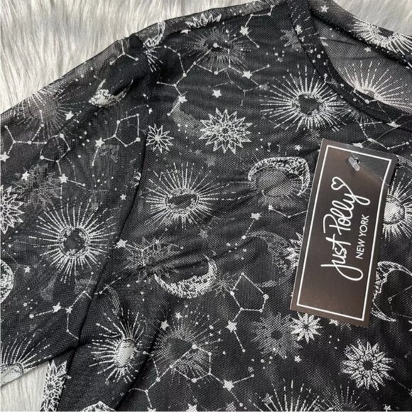 Just Polly Sheer Long Sleeve Black Top Moon Stars Celestial Constellation - Picture 5 of 5